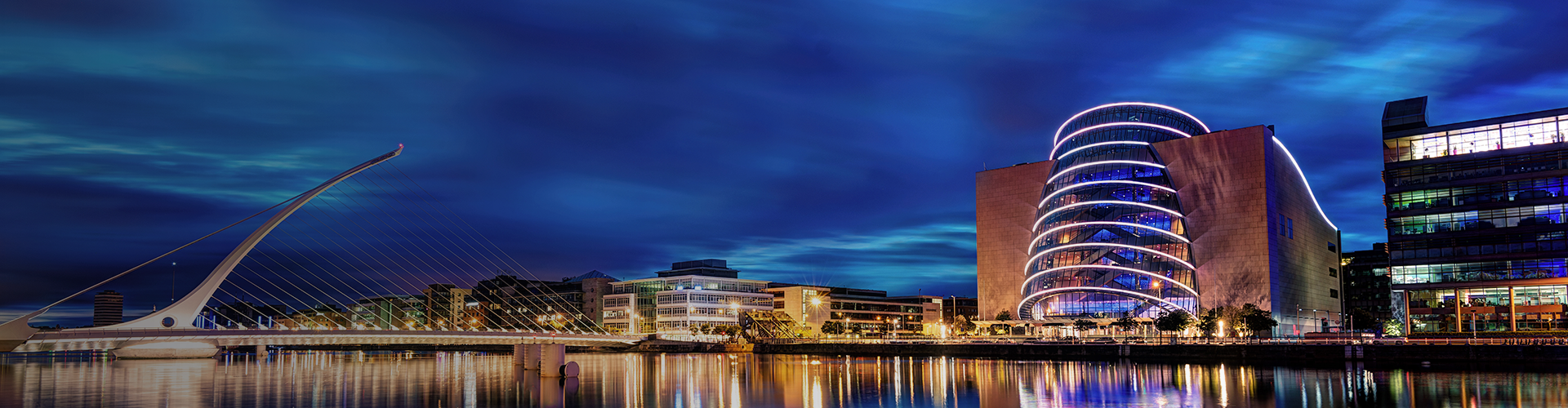 Deep blue sky in Irish city, ideal location for web hosting.