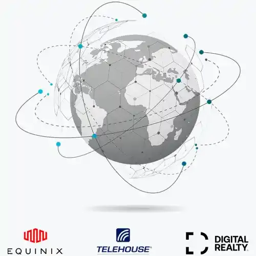 Globe with Equinix, Telehouse, and Digital Realty logos