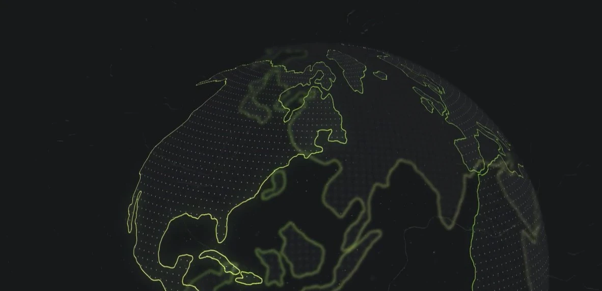 Black spinning globe with green outline of countries to represent Hyve's managed hosting locations