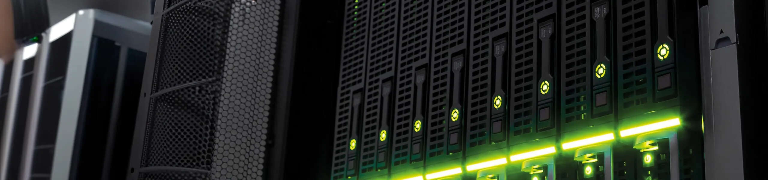 Server racks with green status lights