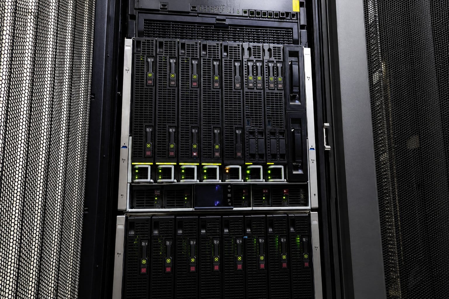 Server rack with drive bays and status lights
