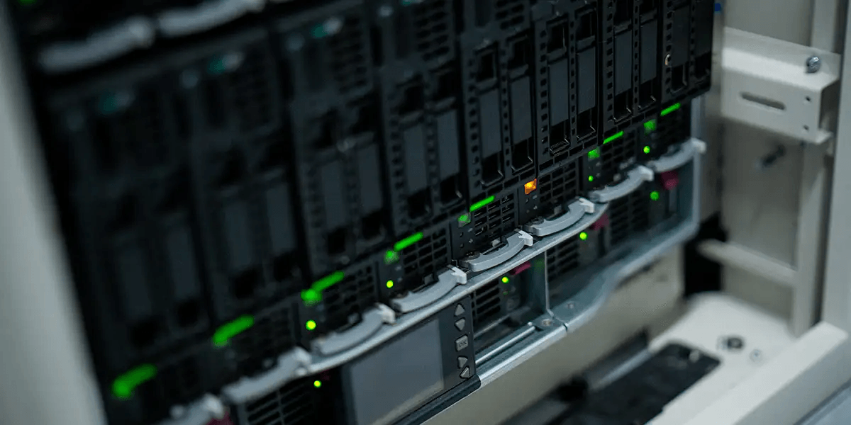 Server racks with green status lights