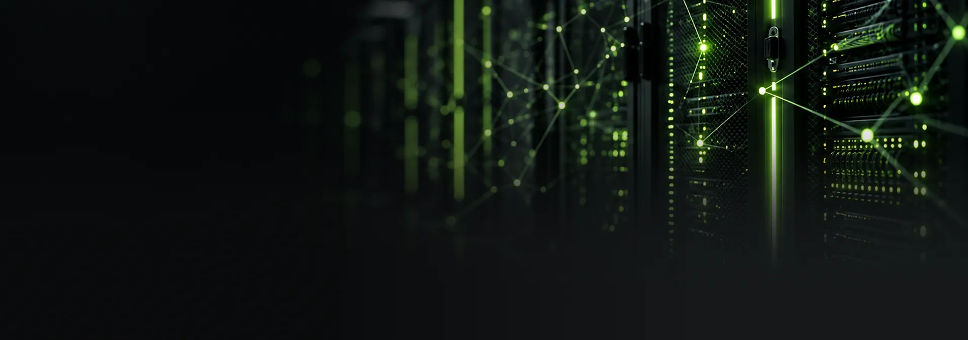 Dark server aisle with green rack lighting