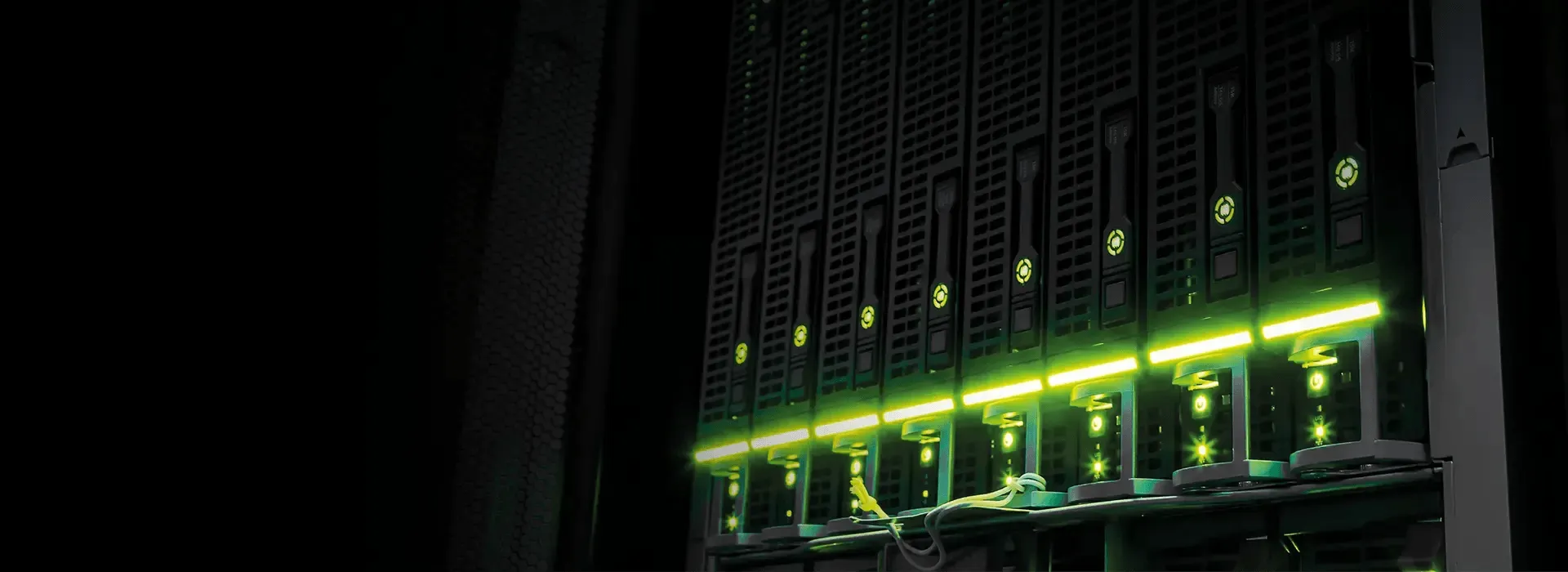 Green-lit server racks in a data centre