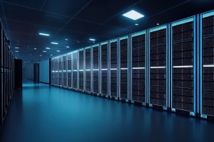 Server racks in computer network security server room data center. 3D render dark blue. Generative AI.